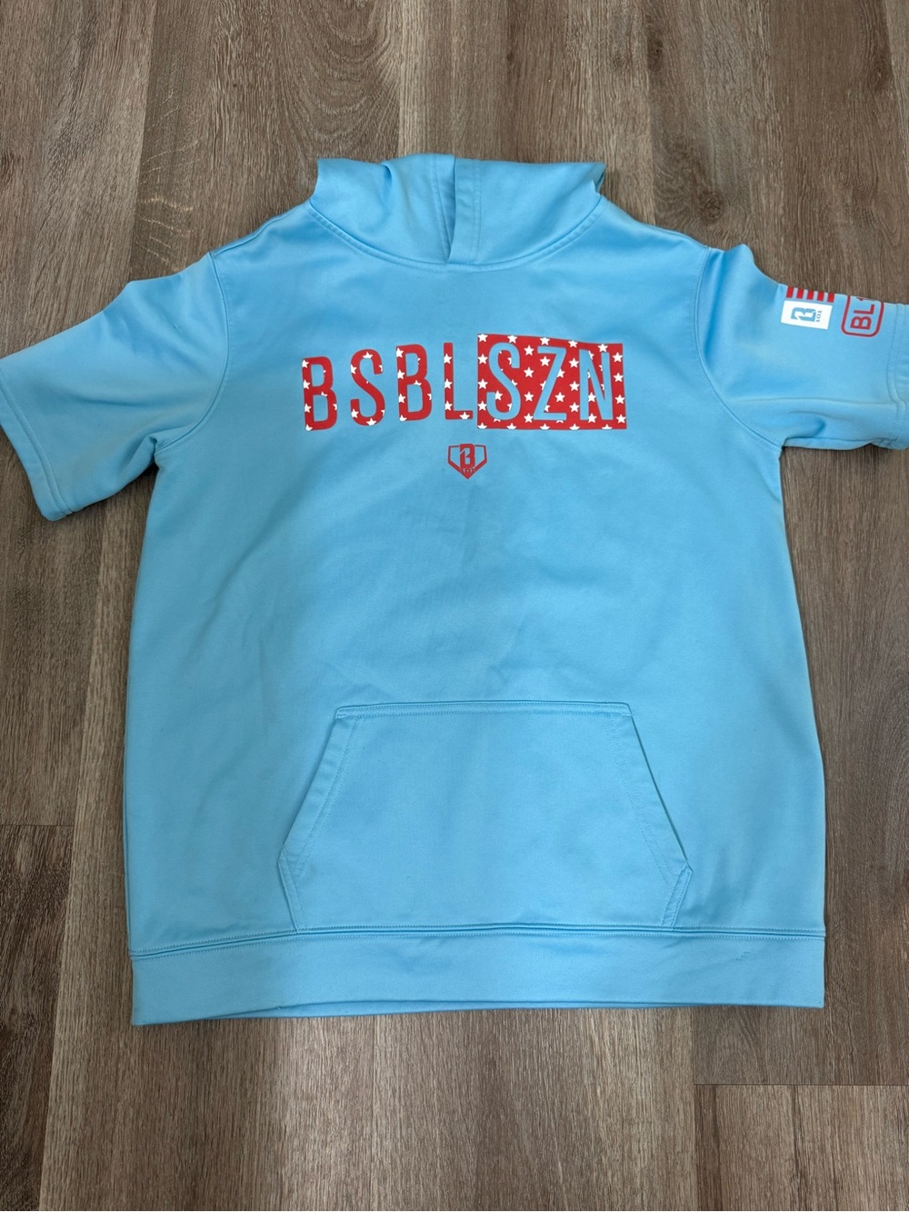 Kids Light Blue Short-Sleeve Hoodie with Red Logo Graphic